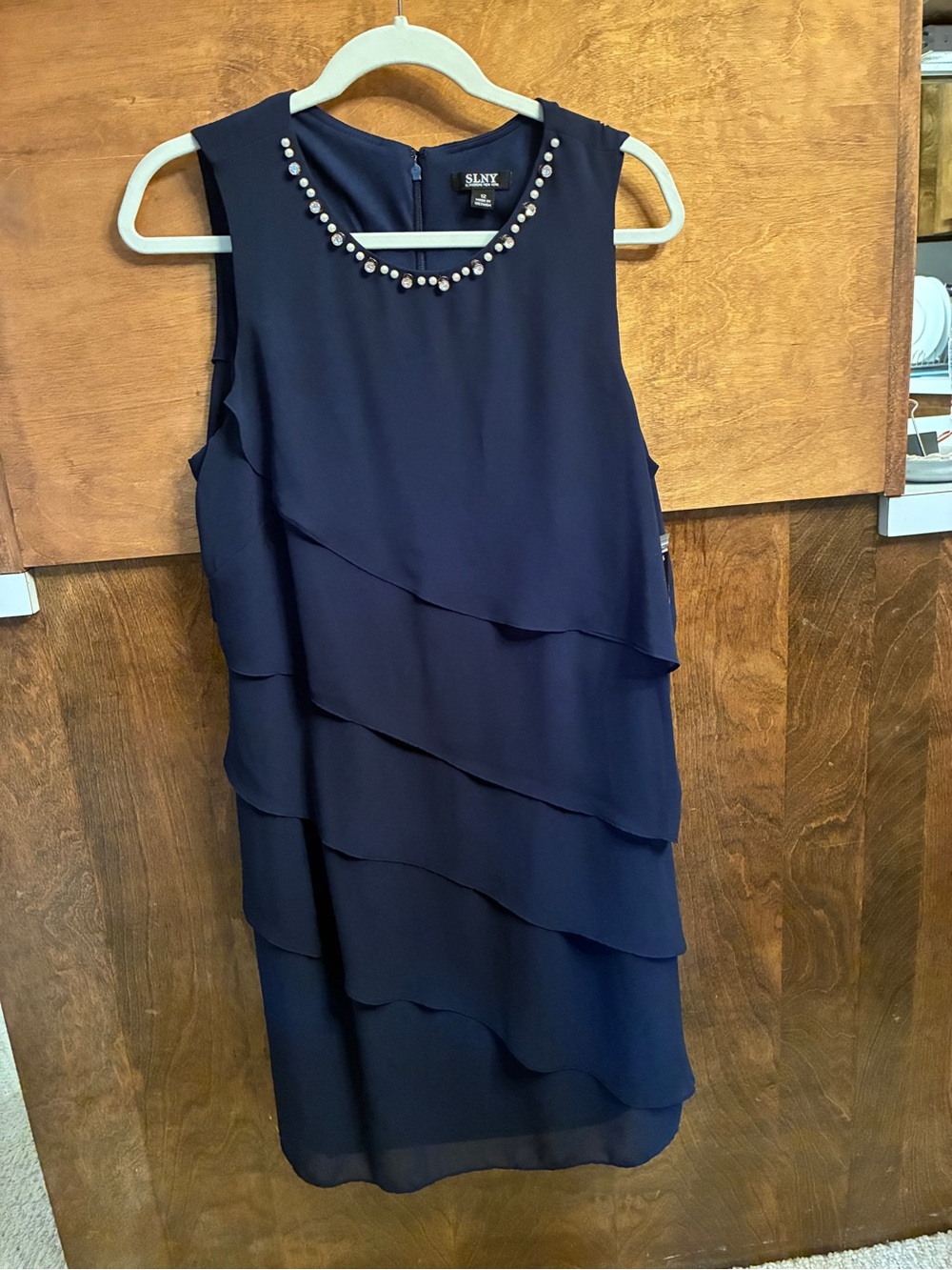 SLNY Navy Tiered Sleeveless Dress with Pearl Trim